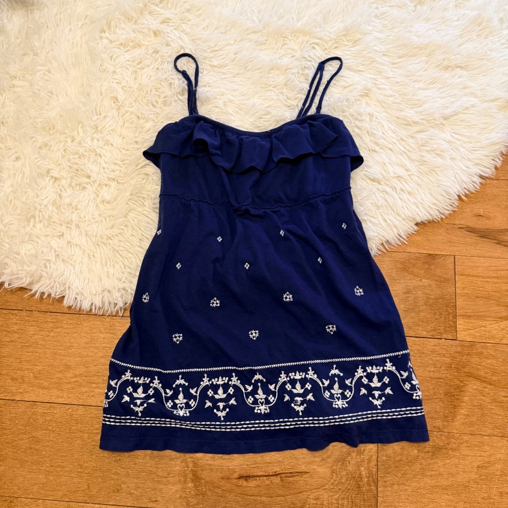 SO Women Navy Blue Embroidered Babydoll Cami Top Boho Ruffle Tank Size L Medium - Picture 1 of 3